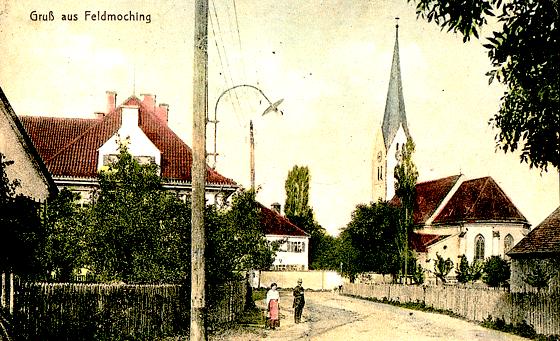 Postkarte vom August 1919. Blick auf die Kirche St. Peter und Paul. 	F.: Kulturhistorischer Verein Feldmoching