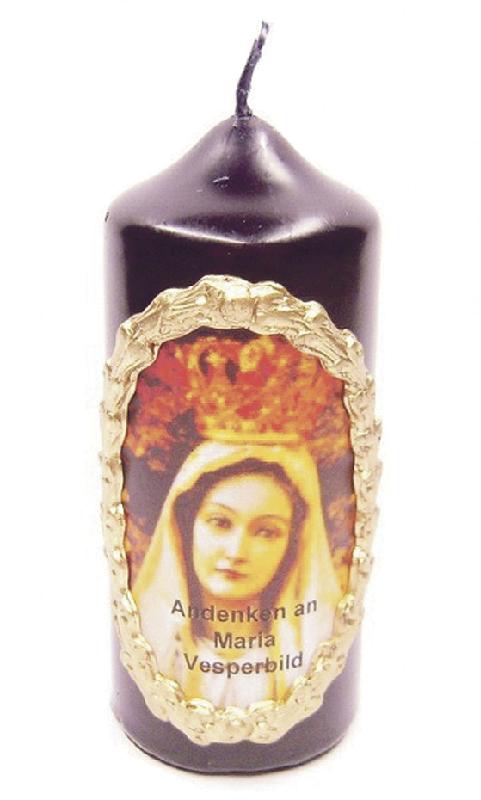 Schwarze Wetterkerze aus Maria Vesperbild mit einer Abbildung der Fatima Madonna aus der Marien-Grotte in Maria Vesperbild. 	Bildnachweis: Gnadentipp.de