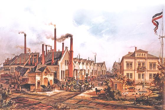 Der Blick zurück. Lokomotivfabrik von Georg von Krauss auf dem Münchner Marsfeld in München 1882! 	Foto: BWA