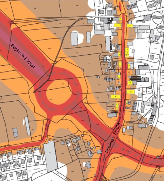 Das ist die erfasste und kartierte Lärmsituation am Übergang der Autobahn A8 in die Verdistraße in Obermenzing. Je roter desto lauter.	Grafik: Bayerisches Landesamt für Umwelt