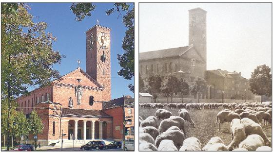 St. Gabriel gestern und heute: Als das Gotteshaus in den 1920er Jahren erbaut wurde, weideten dort noch Schafe. Von 10. bis 16. Oktober feiert die Gemeinde ihren 90. Geburtstag. 	Fotos: Gemeinde