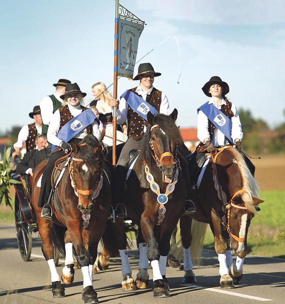 Am Kirchweihsonntag reiten prachtvoll geschmückte Pferde zum Hergoldinger Dorfplatz. 	Foto: VA