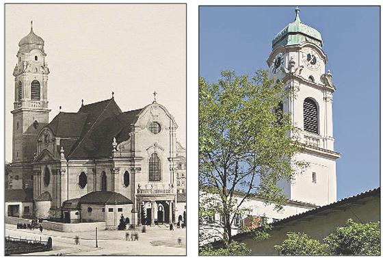 Die Kirche St. Wolfgang in den 1920er Jahren (links) und heute.	Foto: Pfarrverband Haidhausen