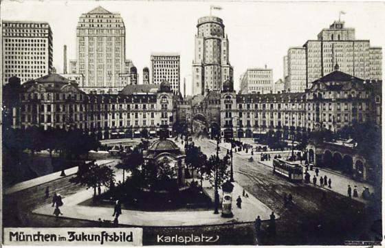 »München im Zukunftsbild« aus dem Nachlass von Karl Valentin ist eine der Archivalien, die man jetzt online abrufen kann. Die Postkarte von 1930 zeigt vorne den Stachus und dahinter die nicht Realität gewordene Zukunft.	
