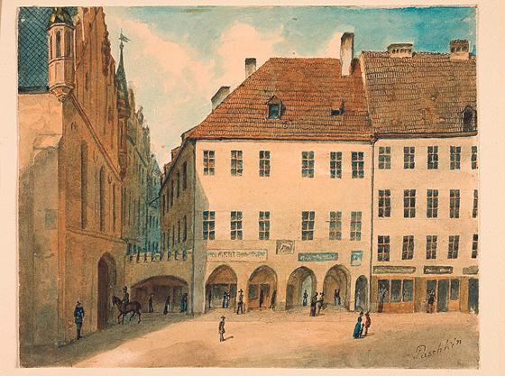 Joseph Puschkin (1827-1905), Blick auf den Vorgängerbau der Stadtsparkasse München um 1880.	Foto: sskm