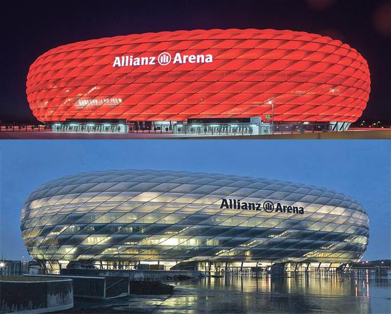 Wer findet den Unterschied? Am kommenden Samstag wird das Licht des Stadion-»Kissens« für eine Stunde symbolisch ausgeschaltet sein. 	Fotos: Allianz Arena/B. Ducke