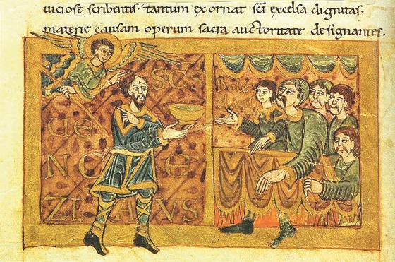 Der heilige Wenzel (links unten) wird vom Erzengel Michael gesegnet. Diese Darstellung Gumpold von Mantuas ist wohl im 10. Jahrhundert entstanden.	Foto: gemeinfrei