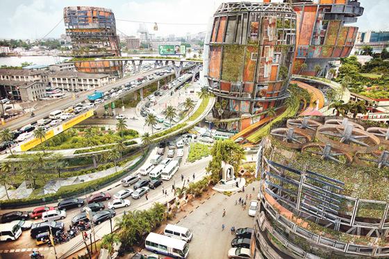 »Shanty Megastruktur«: Der Künstler Olalekan Jeyifous entwirft futuristische Bilder afrikanischer Städte. 	Foto: © Olalekan Jeyifouse