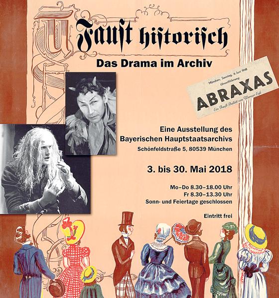 Das Werbeplakat für den ersten Band des Reclam-Verlages, nämlich Goethes Faust, diente als Vorlage für das Ausstellungsplakat. Ein festlich gekleidetes bürgerliches Theaterpublikum betrachtet Goethes Faust. F.: Bayr. Hauptstaatsarchiv