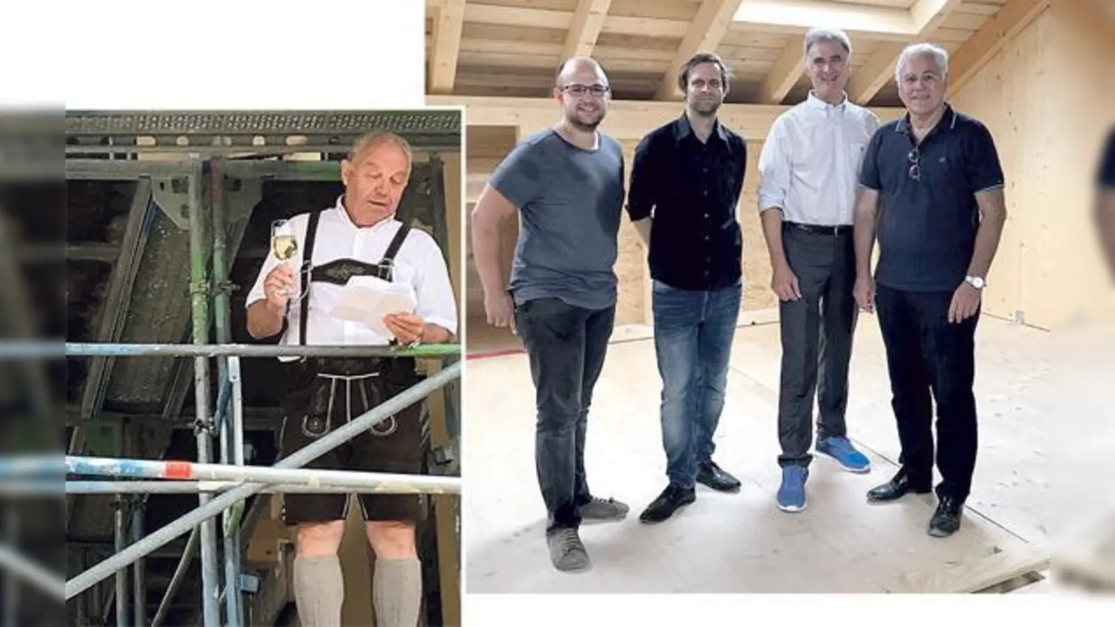 Daniel Pförtsch, Florens Hintler, Olaf von Löwis und Herbert Wagenpfeil (v.l.) freuten sich beim Richtfest über den Fortschritt des Projekts. Foto li.: Beim Richtfest hielt Werner Patera den Richtspruch und ließ Handwerker und Bauherren hoch leben.  (F: hw)
