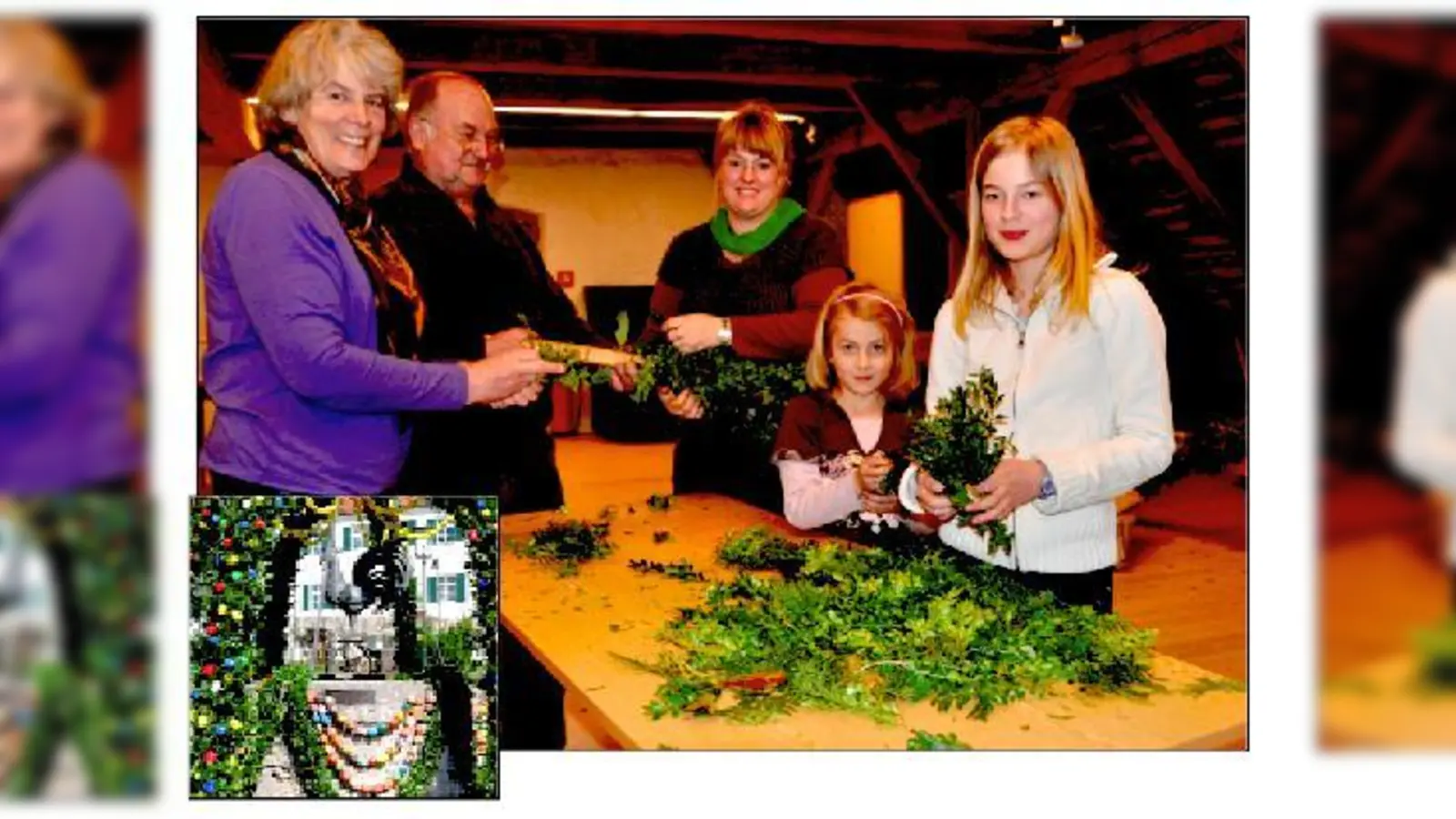 Tanja und Magdalena Winnerl helfen Mutter Sabine, Sebastian Hupfer und Katharina Eitermoser (v.r.) beim Brunnenschmuck. 	 (Foto: sf)