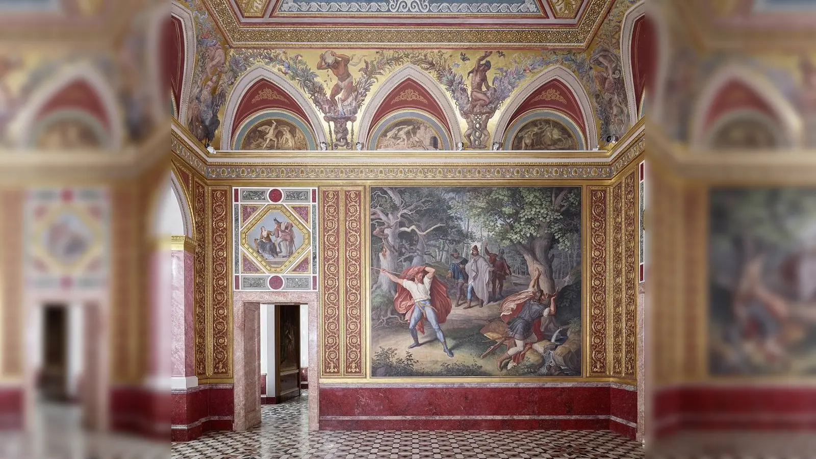 Kostbar ausgestattet ist das Innere der Residenz, hier der „Saal des Verrats”, den unter anderem ein Wandgemälde von Julius Schnorr von Carolsfeld ziert.  (Foto: © Bayerische Schlösserverwaltung, Andrea Gruber/ Rainer Hermann/ Maria Scherf)