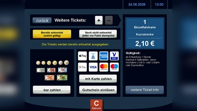 So sieht der Bildschirm am Automaten aus, wenn man das Ticket kauft. Die Standardeinstellung ist für eine bereits entwertete Fahrkarte – und schon kann die Fahrt losgehen, ohne Stempeln.  (Foto: MVG)