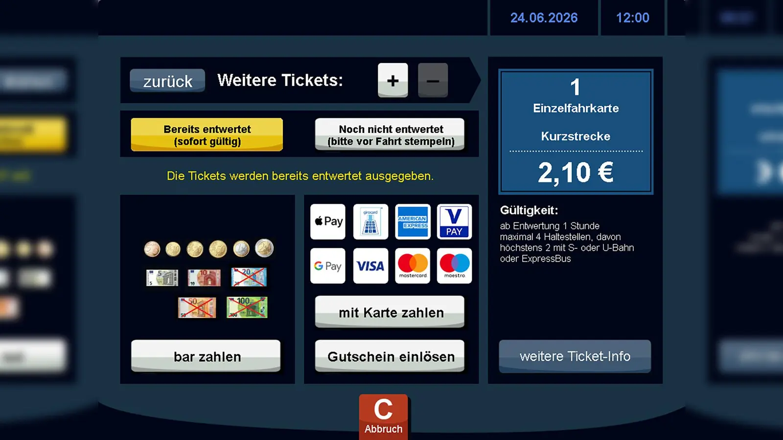 So sieht der Bildschirm am Automaten aus, wenn man das Ticket kauft. Die Standardeinstellung ist für eine bereits entwertete Fahrkarte – und schon kann die Fahrt losgehen, ohne Stempeln.  (Foto: MVG)