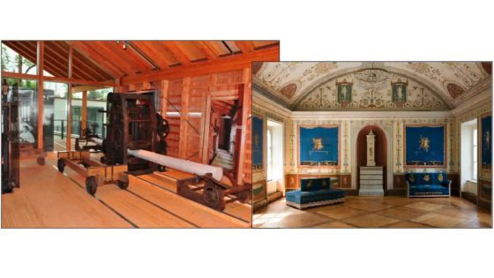 Industrie-Charme und feudale Pracht  Ismaning hat beides zu bieten: Das Sägewerk in der Seidl-Mühle im Kultur- und Bildungszentrum (oben) und der blaue Prunksaal im Schloss. 	 (Foto: Schlossmuseum, W. Petzi)