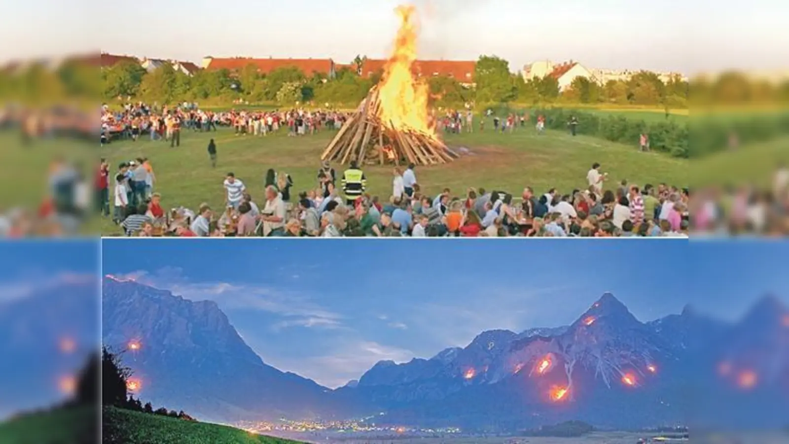 Mit einem großen Feuer und Stimmungsmusik begrüßen die Bewohner Münchens und Umgebung den Sommer. Für Naherholer: Auch in den Bergen gibt es das Spektakel zu sehen.  (Foto: Freiwillige Feuerwehr Perlach (oben), Tiroler Zugspitz Arena/A. Niederstrasser (unten))