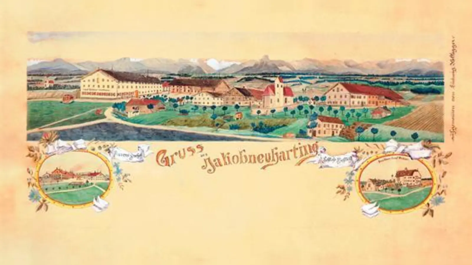 Das um 1900 von Luwig Kollegger wohl im Auftrag des Jakobneuhartinger Wirts Josef Bichler gefertigte Bild von Jakobneuharting gewährt einen aufschlussreichen Blick auf die damalige Topografie des Ortes und Umgebung.   (Foto: Heimatverein Frauenneuharting e.V.)