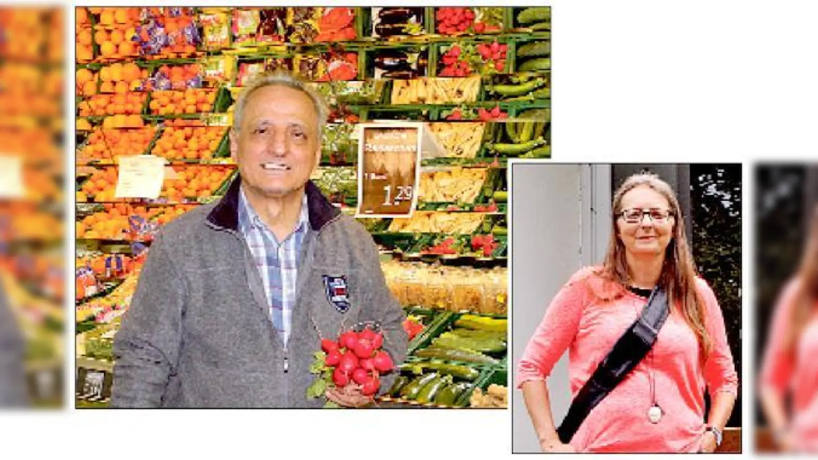 Sabine Loibl-Gänsbacher (r.) vor der Stadtbibliothek und Marktleiter Herbert Wieland an der Obst- und Gemüsetheke des Geschäfts.	 (Foto: Julia Stark)