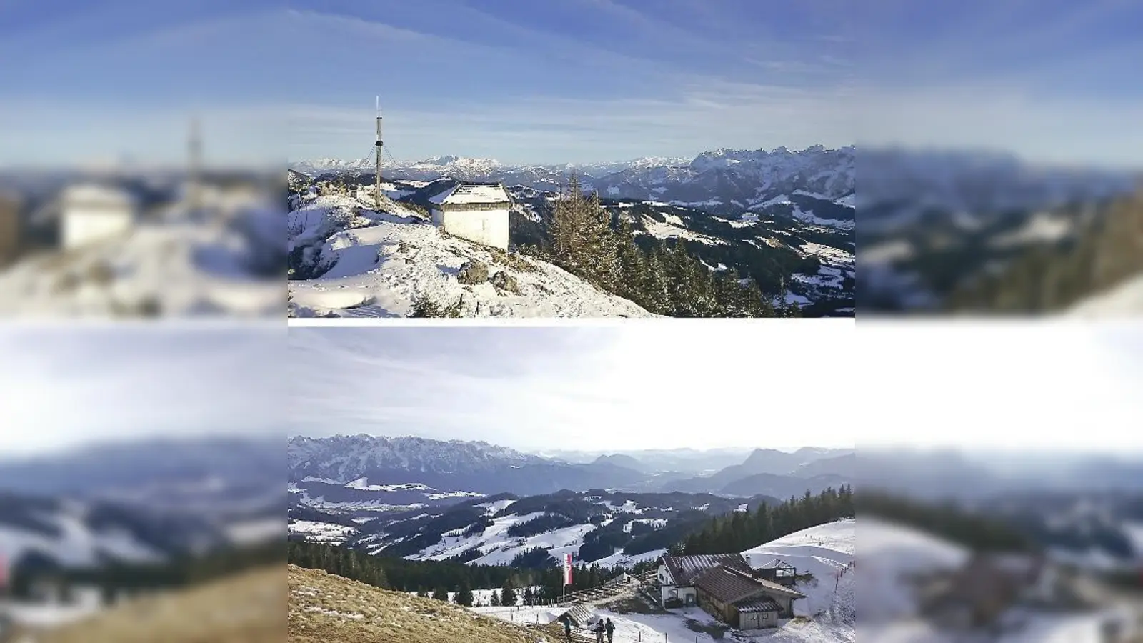 Zwei Eindrücke vom Ausflug zum Spitzstein: Die kleine Gipfelkapelle und die griabige Altkaseralm. 	 (Foto: Stefan Dohl)