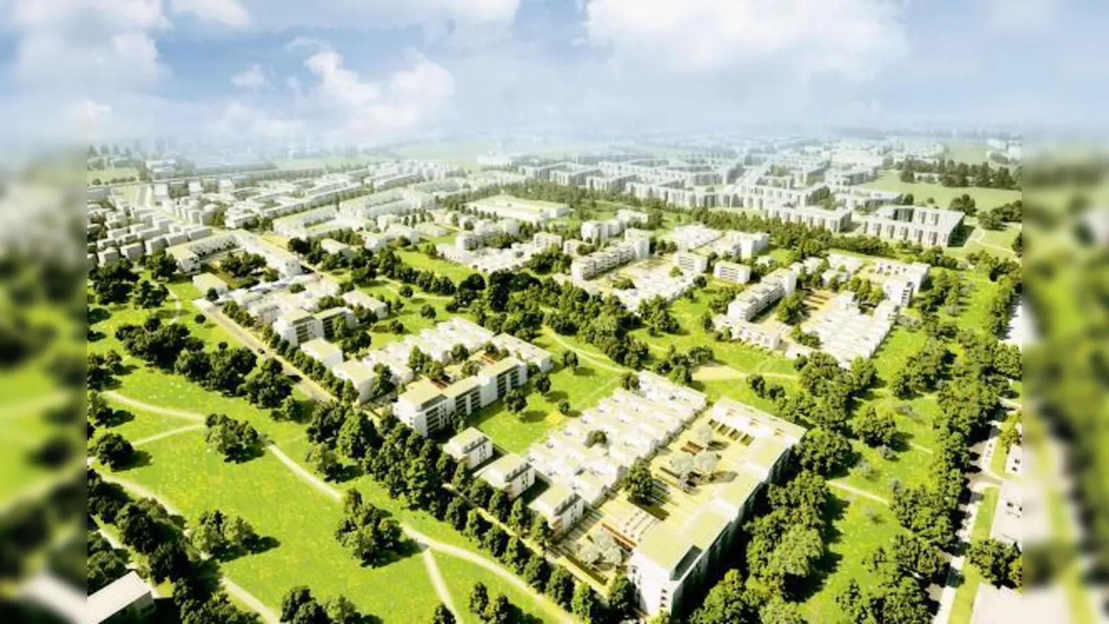 So wird das Gelände einmal aussehen: auf 30 Hektar sollen 1600  Wohnungen sowie alle erforderlichen sozialen Einrichtungen entstehen. Große Grünflächen bringen Lebensqualität.	  (Illustration: GPS)