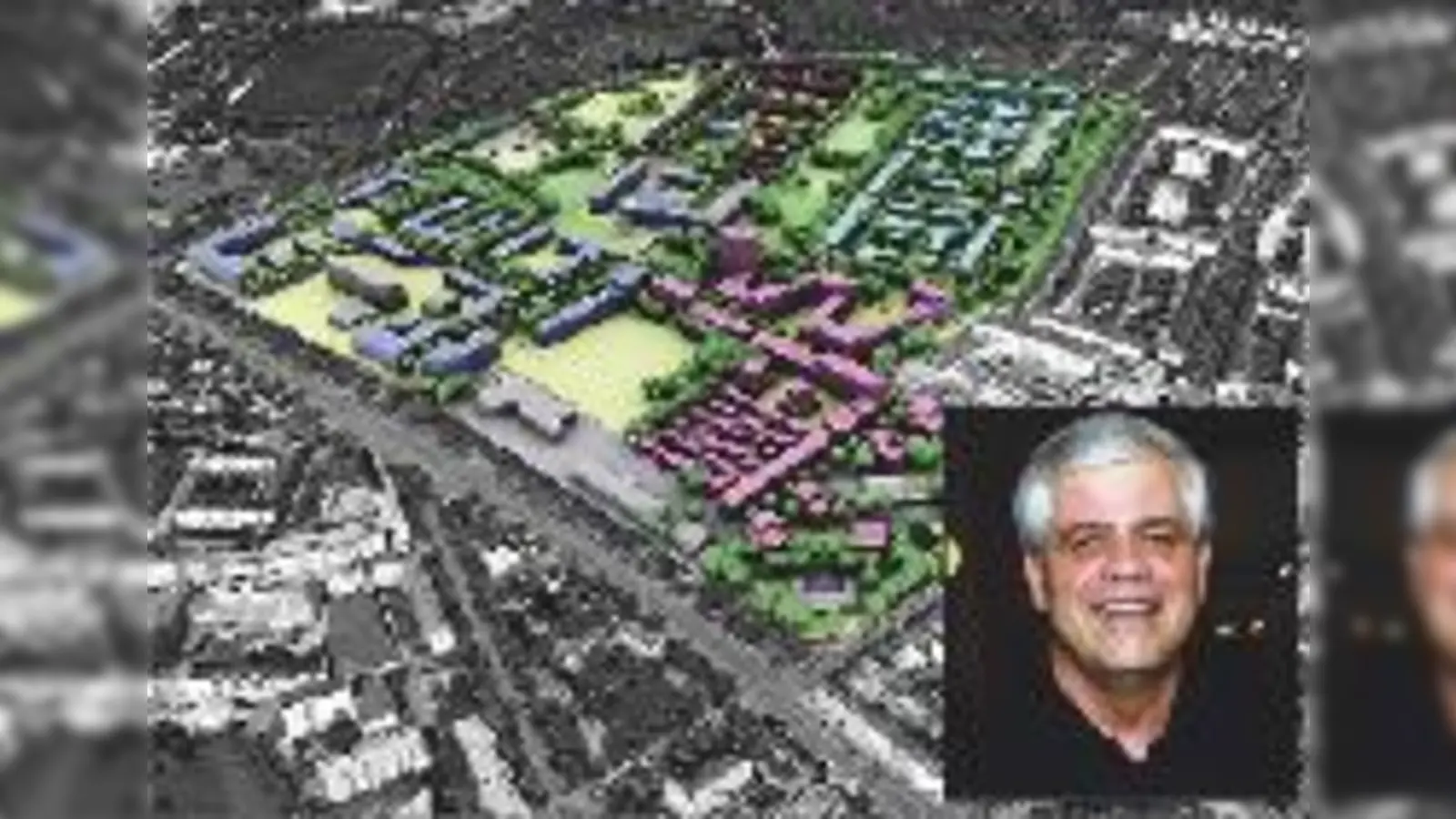 Der Schwabinger Bezirksausschussvorsitzende Dr. Walter Klein freut sich über die Fertigstellung der Bebauung am Ackermannbogen. Der 	vierte und letzte Bauabschnitt ist blau markiert.	 (Foto: Planungsreferat, ko)