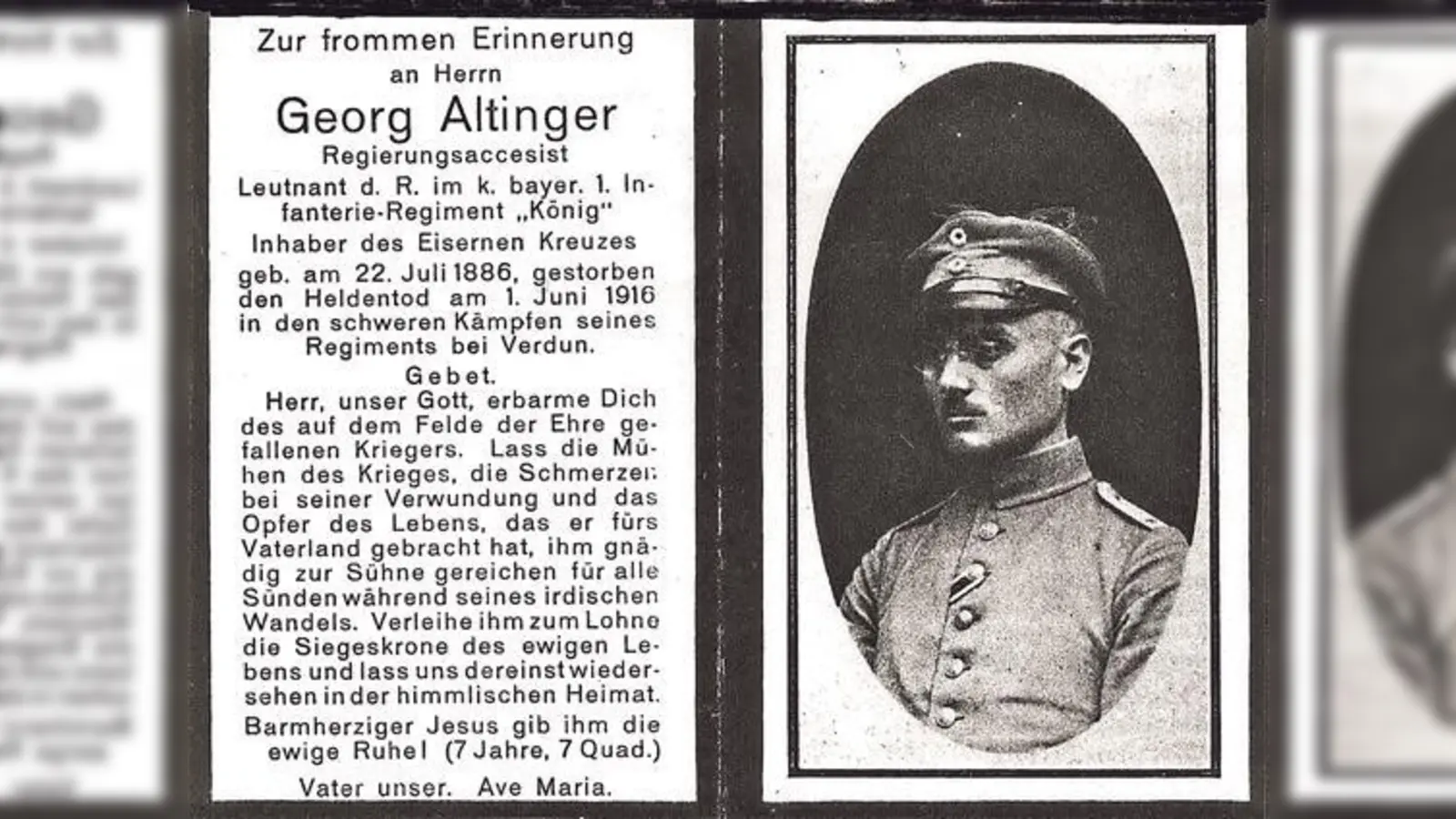 Sterbebild des Ebersberger Soldaten Georg Altinger. An  Dokumenten wie diesem erläutert Rolf Kaiser seine mühselige, aber überaus wertvolle Dokumentationsarbeit zum Ersten Weltkrieg. 	 (Foto: Rolf Kaiser, Hohenlinden)