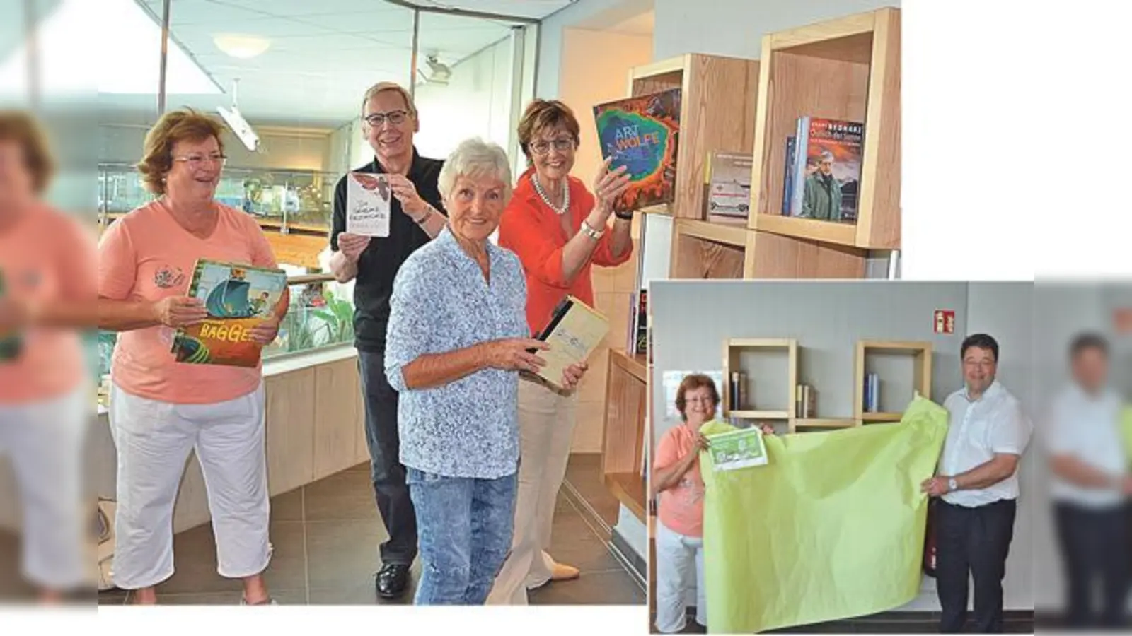 Die Förderkreis-Mitglieder bestückten das neue Bücherregal mit spannenden Exemplaren und fröhlichen Kinderbüchern für kleine Leser. Foto klein: Bürgermeister Thomas Loderer und Gemeinderätin Erika Aulenbacher enthüllten das zweite Bücherregal.  (F.: VA)