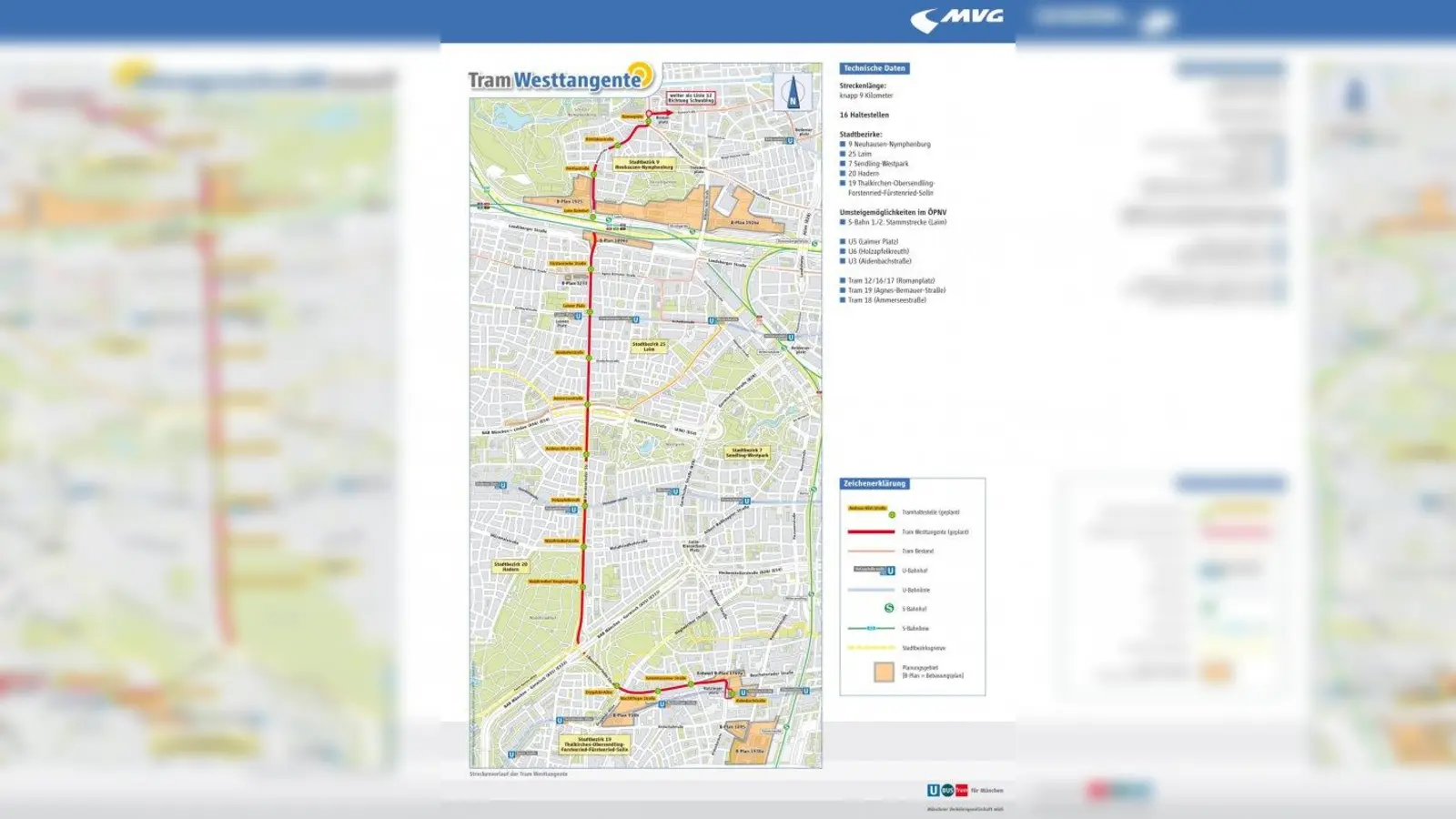 Streckenverlauf der geplanten Tram-Westtangente: Über 17 Haltestellen geht es vom Romanplatz zur U-Bahn-Station Aidenbachstraße. (Foto: MVG)
