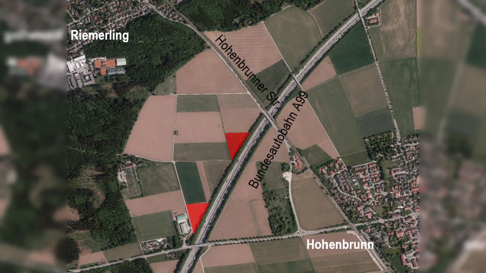 Die Standorte für die künftigen Freiflächen-Photovoltaikanlagen sind hier rot markiert.  (Foto: Gemeinde Hohenbrunn)