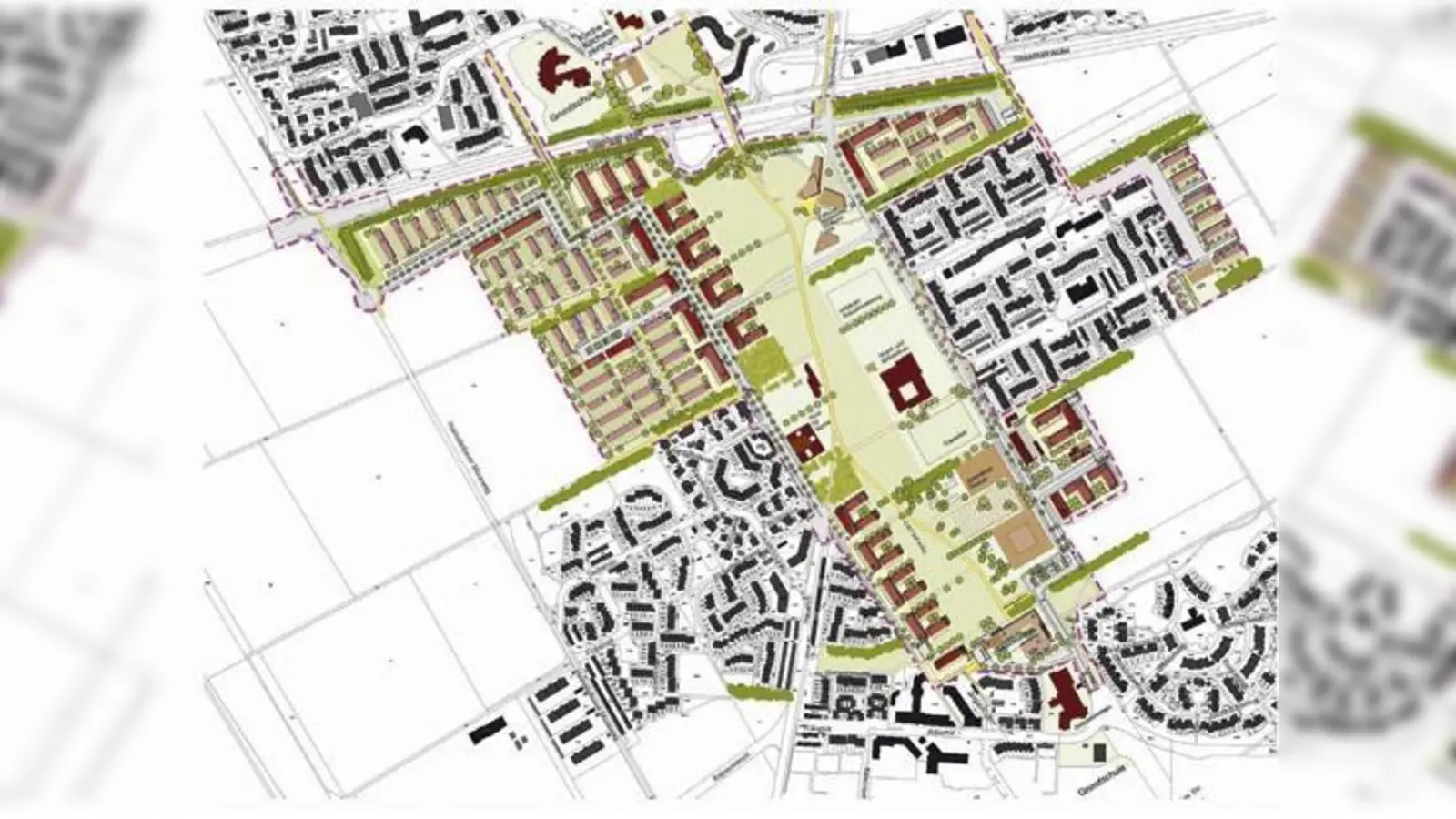 Die neue Ortsmitte (farbig) soll Kirchheim (im Norden) und Heimstetten (im Süden) verbinden. Vier Bauträger würden den größten Teil der Kosten übernehmen.	 (Foto: Gemeinde)