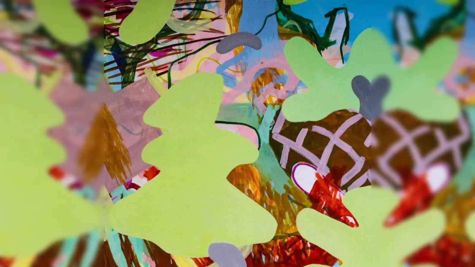 Malerei von Susanne Langnau (Haus B): Abstrakte Malerei ist ein Experiment mit unbekanntem Ausgang. Bei Langnau steht am Anfang eine Mischung aus Zitaten und Zufall, die dann im Laufe des Prozesses durch das <br>Auftragen zahlreicher Schichten wieder in den Hintergrund gedrängt werden, nur unterbrochen von subversiven, gegenständlichen Kürzeln. (Foto: Susanne Langnau)