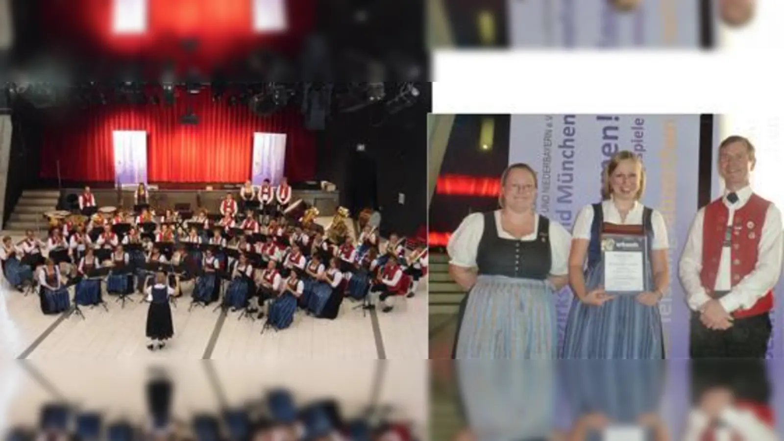 Die Musikkapelle Poing während ihres Vortrags in der Aula des Neufahrnes Gymnasiums. Bild rechts: v.l.n.r.: MON-Bezirksleiterin Alexandra Schupp, Dirigentin Angela Ebmeyer und Franz Scherzl, Erster Vorsitzender der Musikkapelle Poing.  (Foto: Georg Ritter)