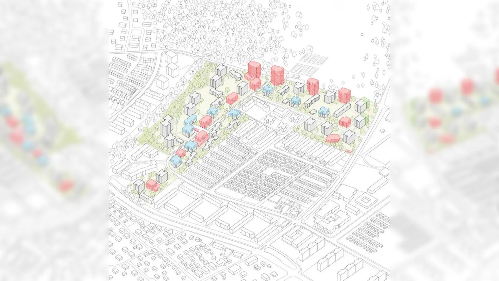 Die Skizze zeigt, wo im Quartier nachverdichtet werden soll: Blau und grün sind Aufstockungen bestehender Häuser und Anbauten, rot sind Neubauten. (Foto: LIN / Nightnurse Images, Zürich)