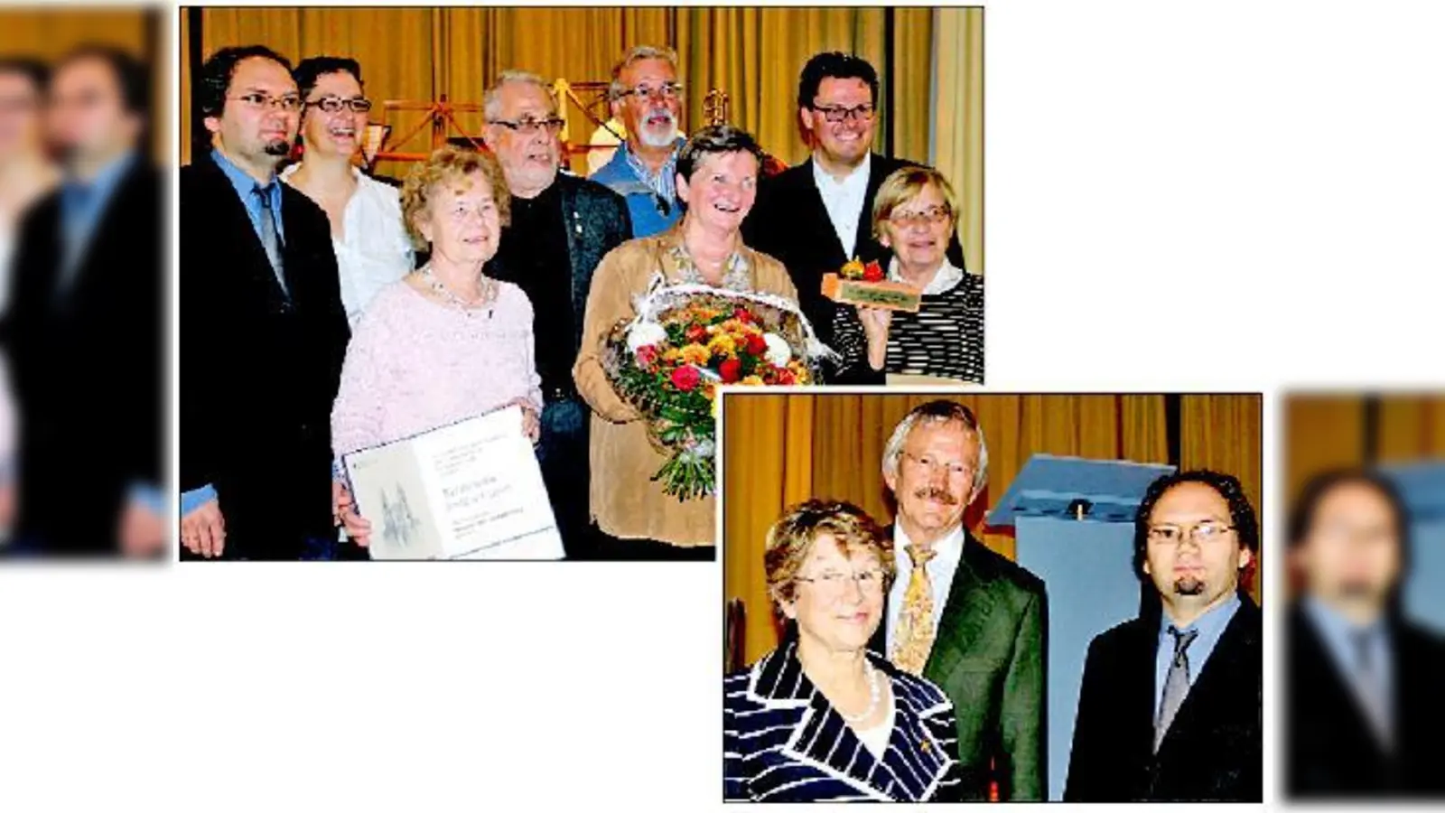Robert Kulzer (oben links) mit den Geehrten bei der Preisverleihung. Gertraud Burkert, Erich Kasberger und Robert Kulzer (rechts) hielten beim Empfang Reden zu stadtteilbezogenen Themen.	 (Fotos: js)