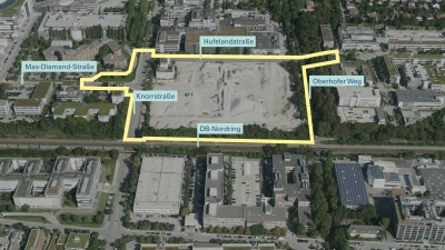 Dieses Gelände südlich der Hufeland- und östlich der Knorrstraße soll zu einen Büro- und Gewerbestandort werden. Der Stadtrat hat den Bebauungsplan gebilligt. (Foto: © Landschaftsarchitekten und Stadtplaner/LHM)
