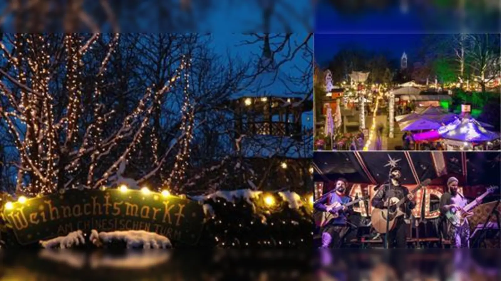 Weihnachtsmarkt im Englischen Garten. Bild re. oben: Künstler- und Kunsthandwerkermarkt an Münchner Freiheit. Bild li. unten: Der hippe Märchenbazar ist heuer an den Leonrodplatz gezogen.  (Foto: Thomas Gießner/www.weihnachtsmarkt-chinaturm.de/www.wannda.de)