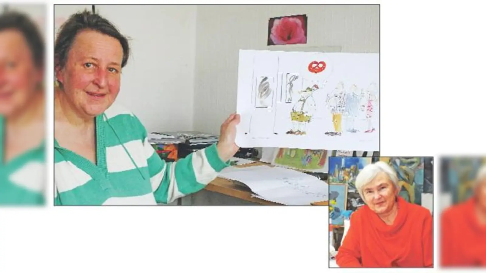 Margit Kübrich zeigt unter anderem diese Karikatur, der sie den Titel »Kunstverständnis« gegeben hat. Vorsitzende ist Elfriede Kirschner (kleines Foto). 	 (Fotos: kw)