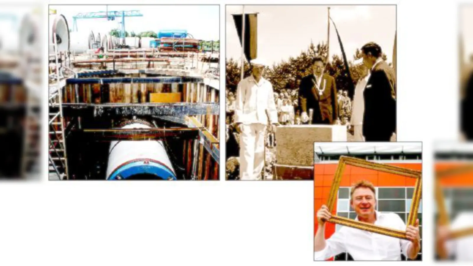 Der Nordwest-Sammelkanal im Bau (l.). Alt-Oberbürgermeister Vogel (r.) bei der Grundsteinlegung für das Hasenbergl. Setzte das Kulturhaus in Szene: Tristan Berger.  (Foto: ws/Stadtarchiv München)