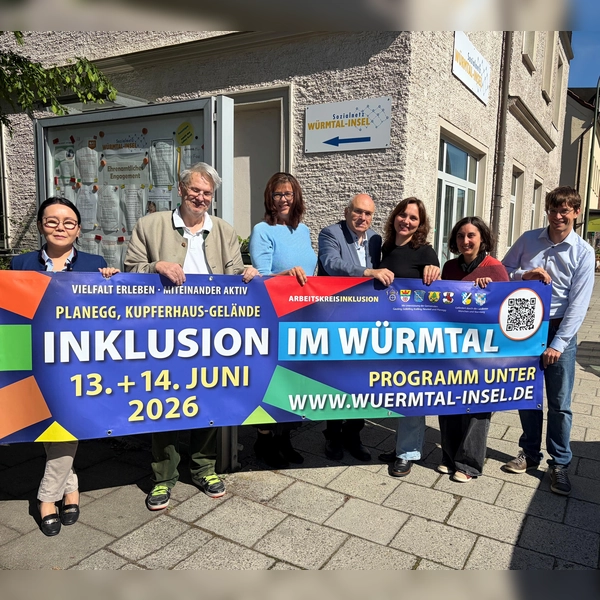 Freuen sich auf die Inklusions-Veranstaltung (v.l.): Ochmaa Göbel (Inklusionsbeauftragte Gräfelfing), Fritz Haugg (Referent für Menschen mit Behinderungen Planegg), Astrid Lohrer (Krailling), Günter Roll (Inklusionsbeauftragter Gräfelfing), Anna Tangerding (Sozialnetz Würmtal-Insel), Christine Schwarz (Gautinger Insel) sowie Felix Kempf (Bürgermeister Planegg). (Foto: Sozialnetz Würmtal-Insel)