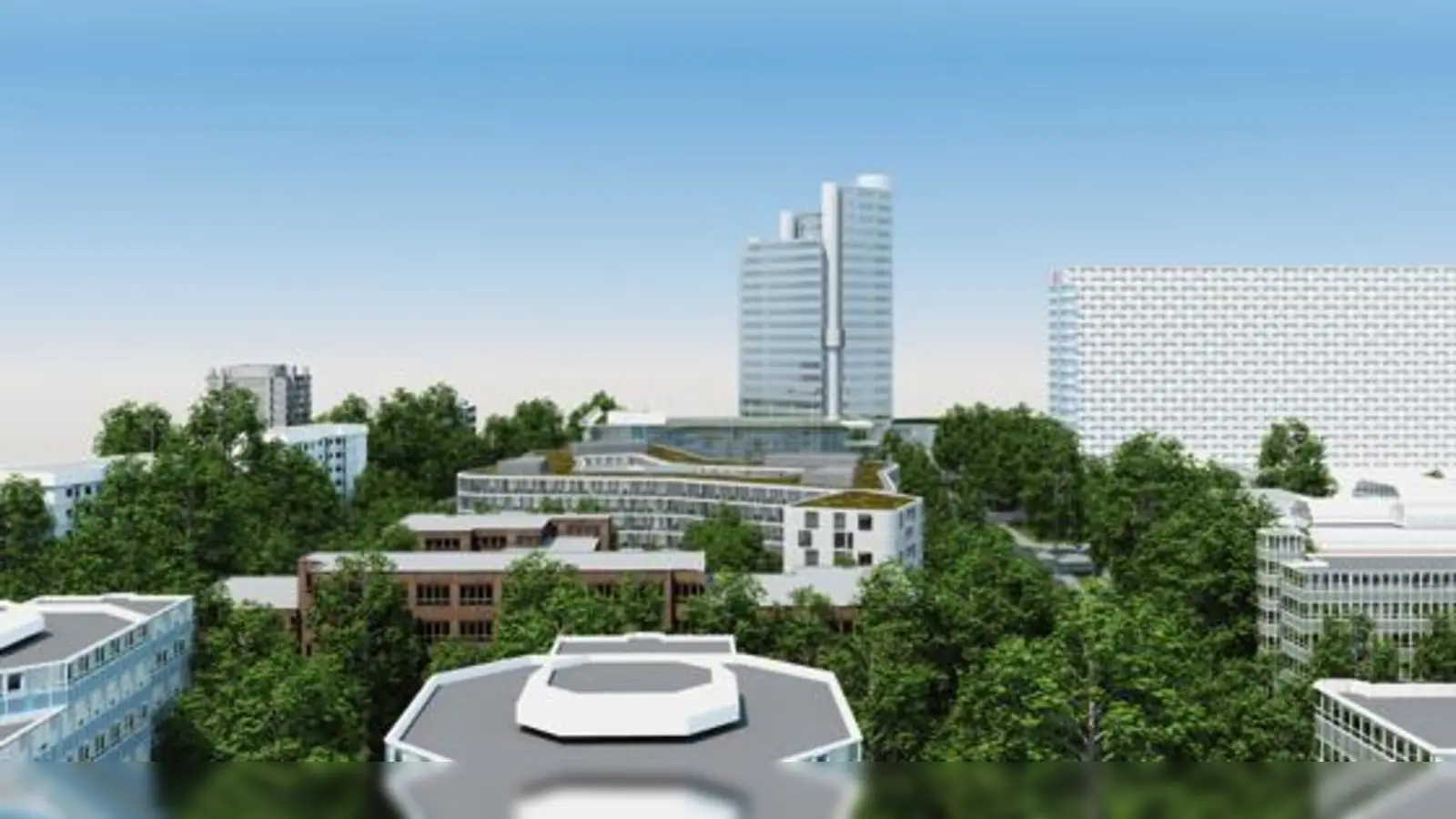 So wird das Gelände einmal aussehen. In der Mitte erkennt man die Arabeska. In dem braunen Block an der Denninger Straße wird die Bayerische Versorgungskammer residieren. 		 (Illustration: form3d)