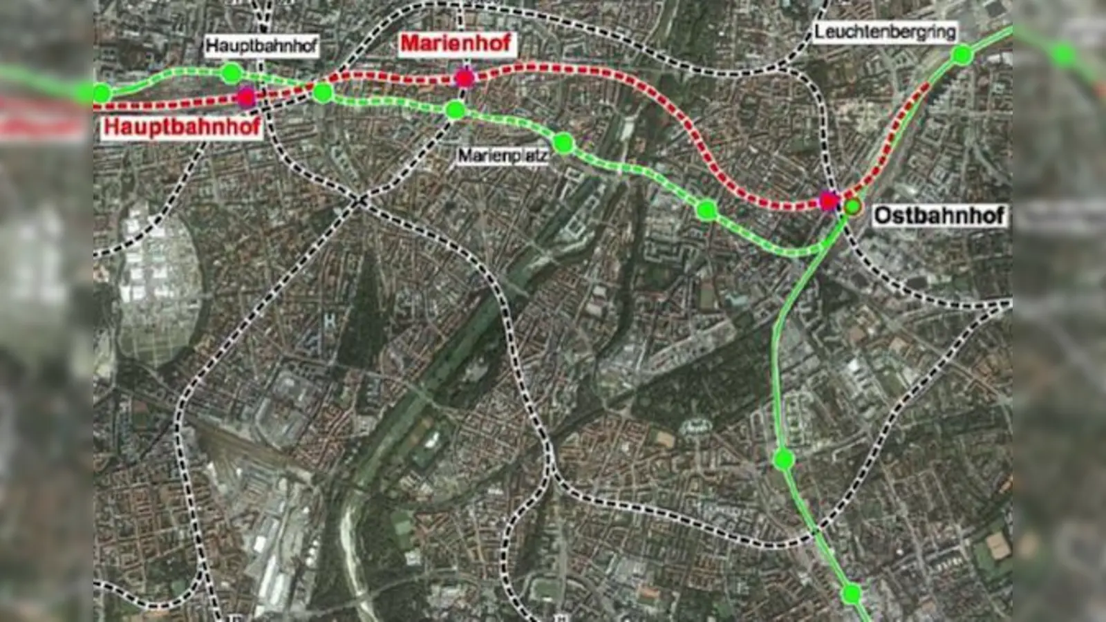 Einmal mehr geht es um die Zweite Strammstrecke (rot), die eine riesige Baustelle in Haidhausen (beim Ostbahnhof) erfordern wird.	 (Grafik: StMWiVT)