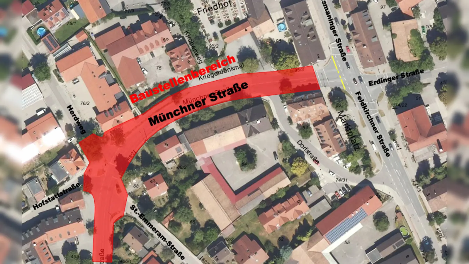 Die Gemeinde Aschheim saniert nach Pfingsten die Münchner Straße. Im rot markierten Bereich werden die Arbeiten durchgeführt. (Foto: Gemeinde Aschheim)