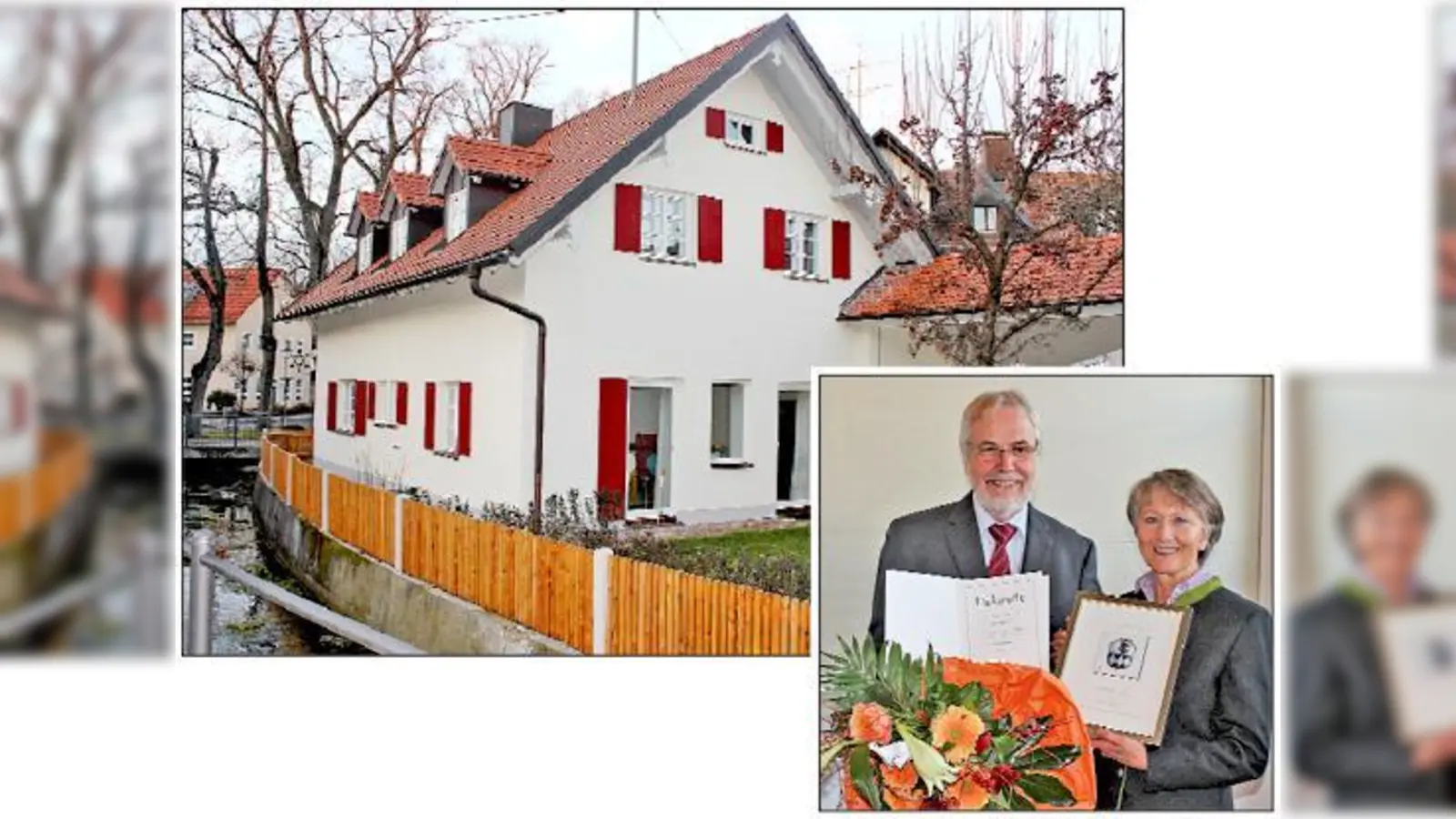 Ismanings Bürgermeister Michael Sedlmair überreicht Christa Diebel den Baupreis 2013.	 (Fotos: sh)
