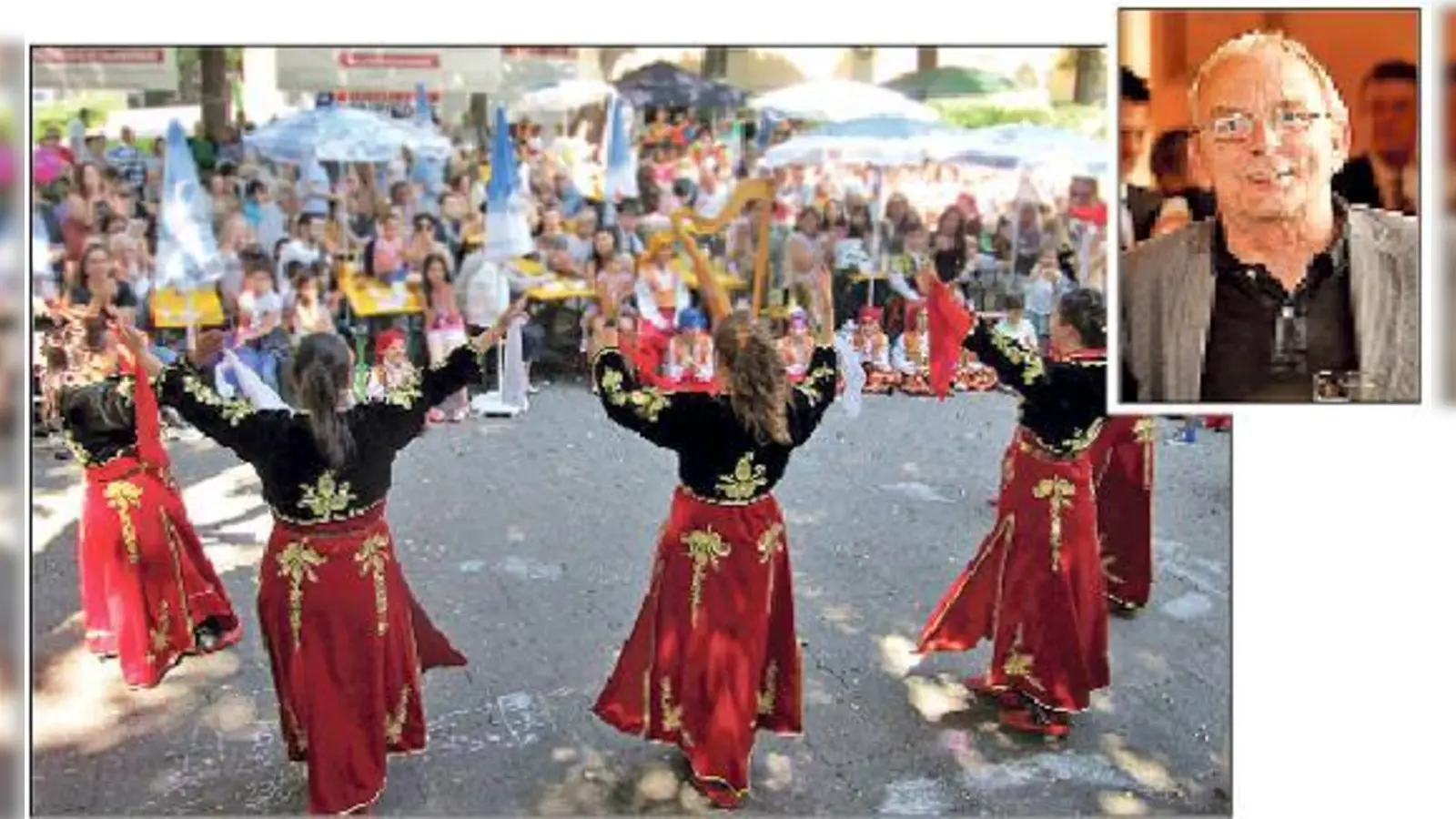 Der Haidhauser Rupert Pfliegl (rechts oben) hat das internationale Stadtteilfest auf dem Johannisplatz organisiert. Am Sonntag wird unter anderem die türkische Volkstanzgruppe Elvan ihr Können demonstrieren.	 (Fotos: js)