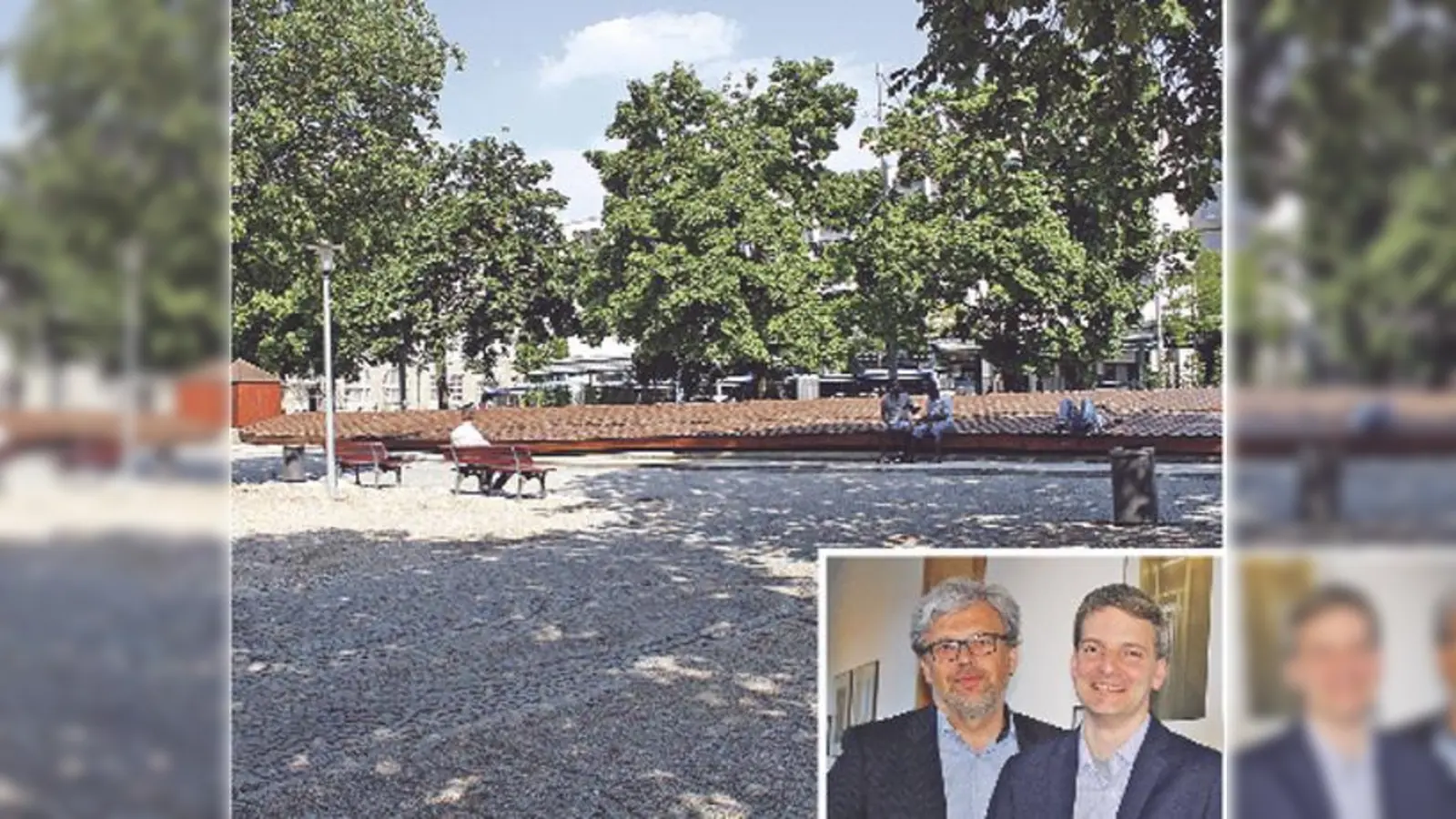 Der BA 5 setzt sich für die Freilegung der Randfiguren des Brunnens am Orleansplatz ein.  Dominik Fritz (kleines Bild, rechts) und Markus Schöning präsentierten auf der jüngsten  BA-Sitzung die Konzepte zur vorläufigen Gestaltung des Platzes.	 (Fotos: js)