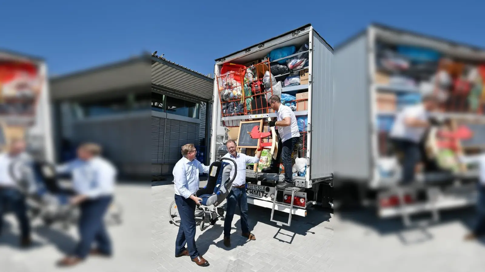 Flughafenchef Michael Kerkloh (links) und der Vorsitzende des Flughafenvereins, Thomas Bihler (Mitte), legten bei der Verladung selbst Hand an.  (Foto: Flughafen München GmbH)