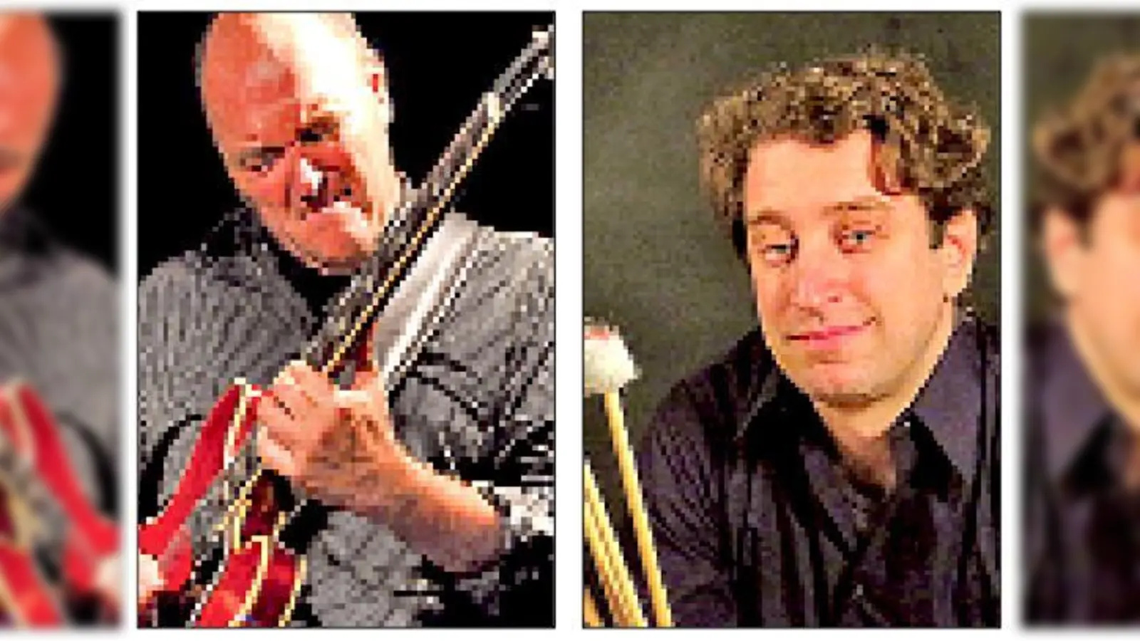 (Foto: links) Jazzgitarrist Peter Omara in Moosach. Tim Collins steht neben OMara auf der Bühne.	 (Fotos: VA)