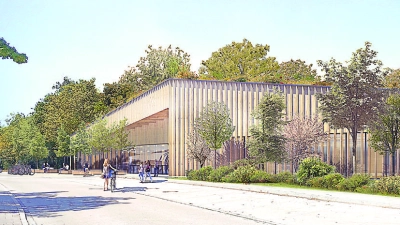 Der Bau an der Dreifachturn- und Schwimmhalle ist zwar im Zeitplan, doch haben sich die Kosten schon deutlich um drei Millionen Euro erhöht. Grund: hohe Materialpreise. (Foto: Grafik: Gemeinde Gräfelfing)