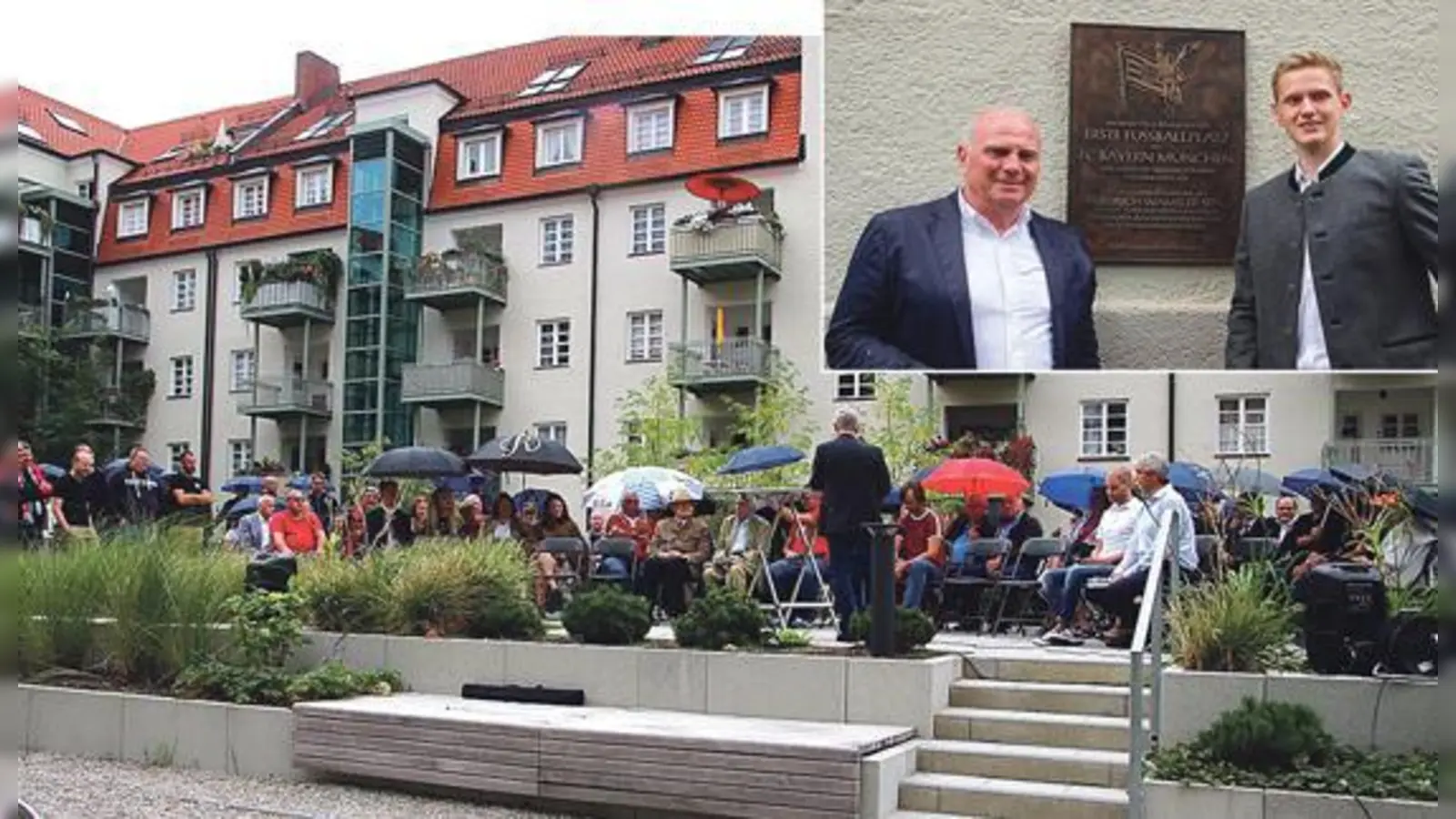 Auch Bayern-Präsident Uli Hoeneß gab sich die Ehre bei der Präsentation des wiederentdeckten Fußballplatzes und der Gedenktafel in der Clemensstraße 50.	 (Foto: Kurt Landauer Stiftung)