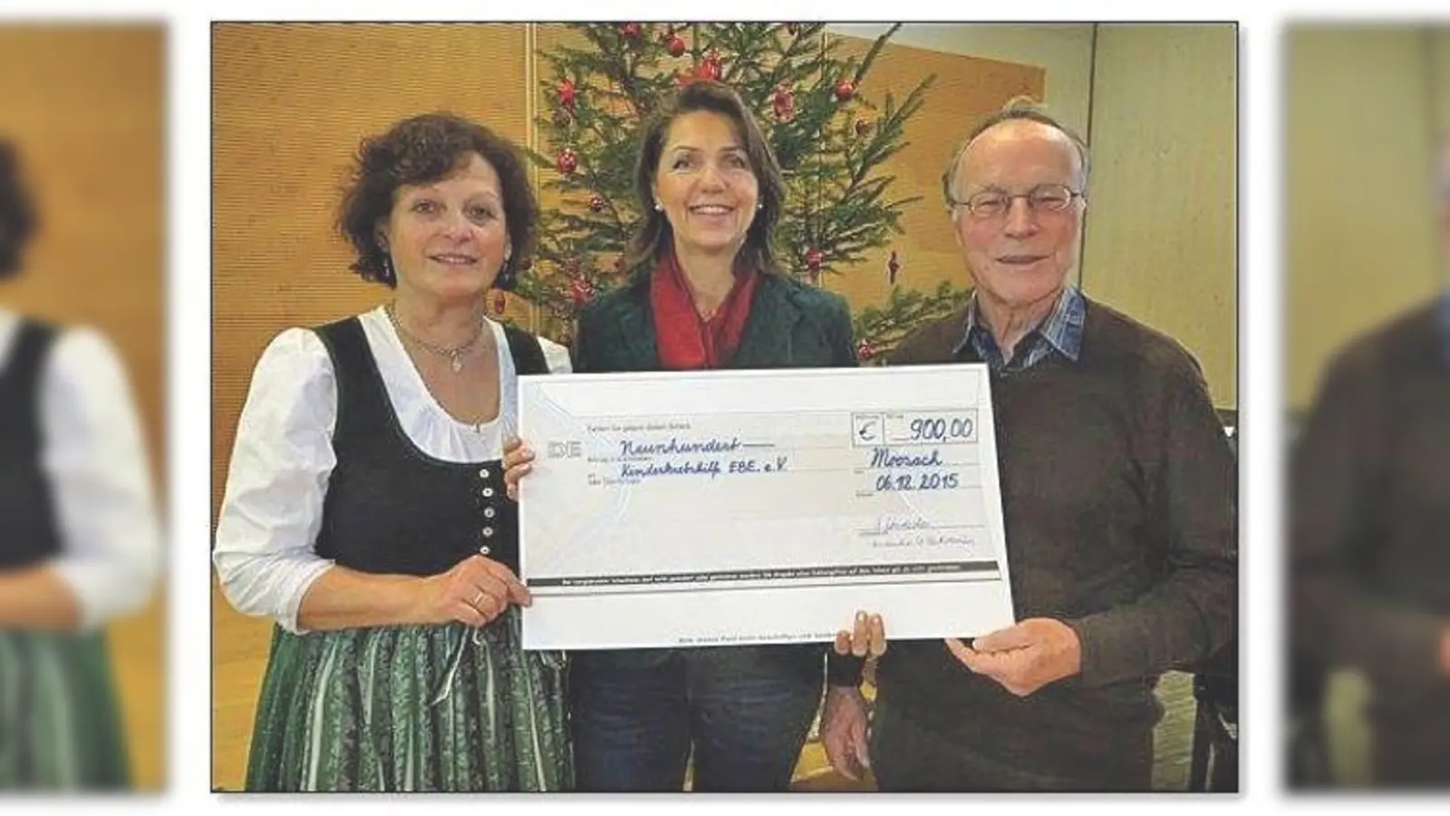 Chorleiterin Theresia Rothenaicher (li.) und Kassier Adolf Windecker überreichten den Scheck an Silvia Freytag, die Vertreterin der Kinderkrebshilfe&nbsp;Ebersberg. 	 (Foto: oha)